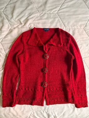 Splendid Red Knit Open-Front Cardigan with Large Button Accents